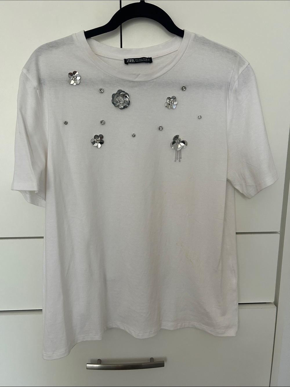 Zara White Tee with Silver Floral Sequins